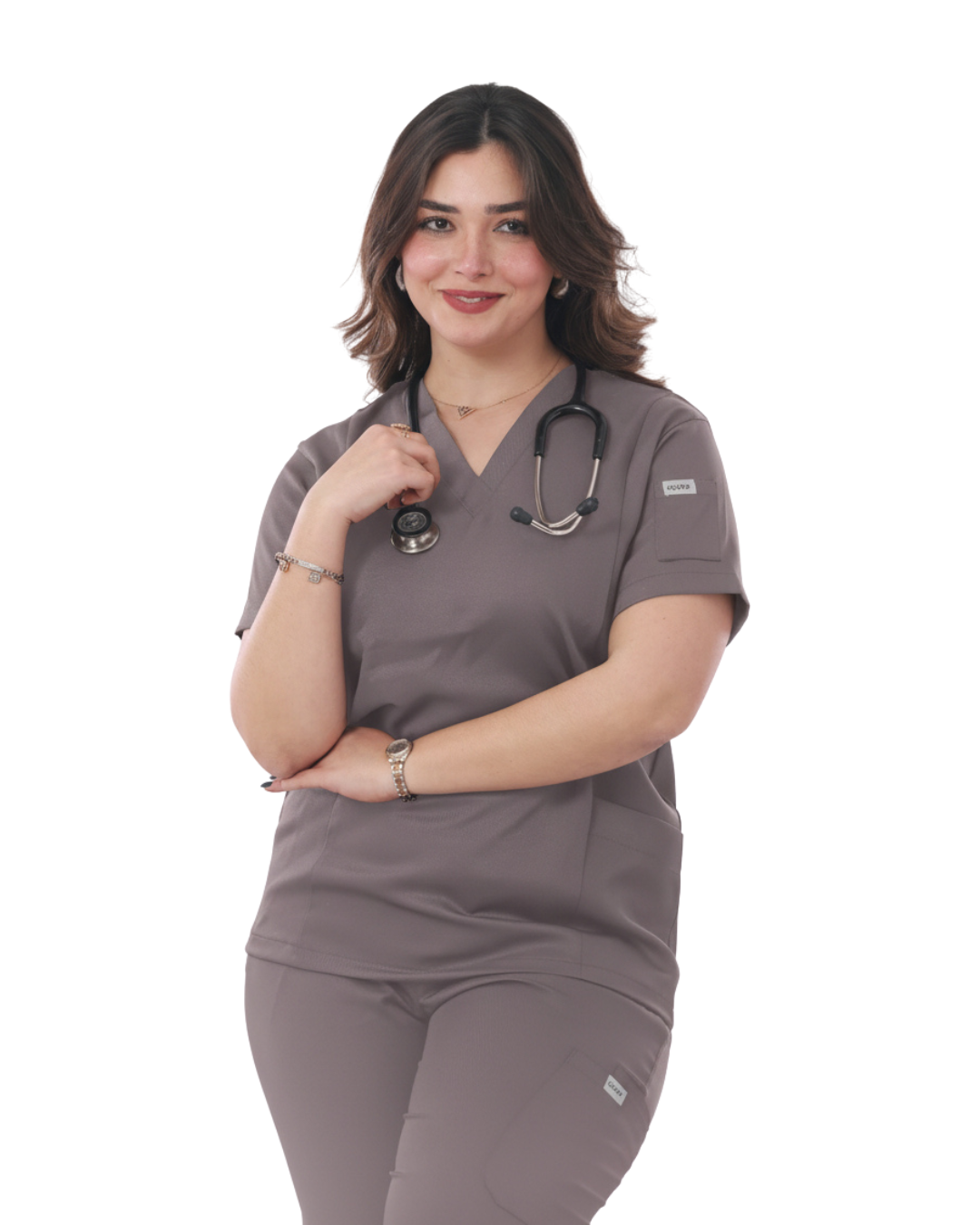 Image de Gris A — Ensemble médical pour femme Clover Uniform à 4 poches (haut à col en V et pantalon cargo)